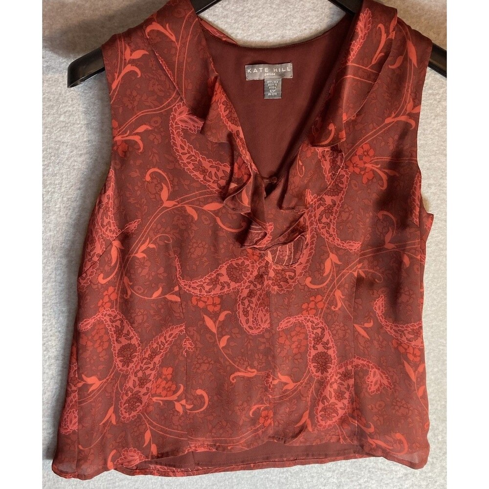 Kate Hill 100% Silk Blouse Sz 12 Petite Red Paisley Tank Top Ruffle Flowy Floral